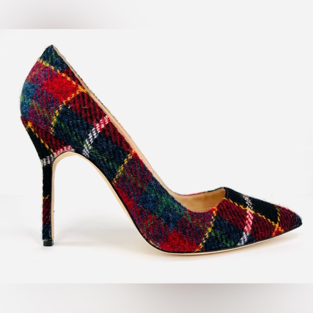 NWB Manolo Blahnik 105mm Wool Laine BB Check Plaid Tartan Stiletto Pumps EU37